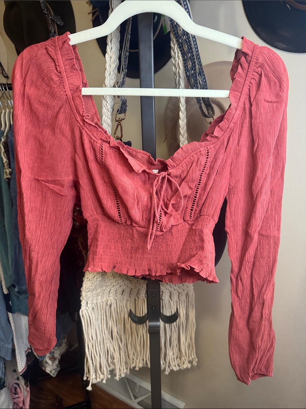 Altar'd State Rose-Pink Long Sleeve Smocked Peasant Top